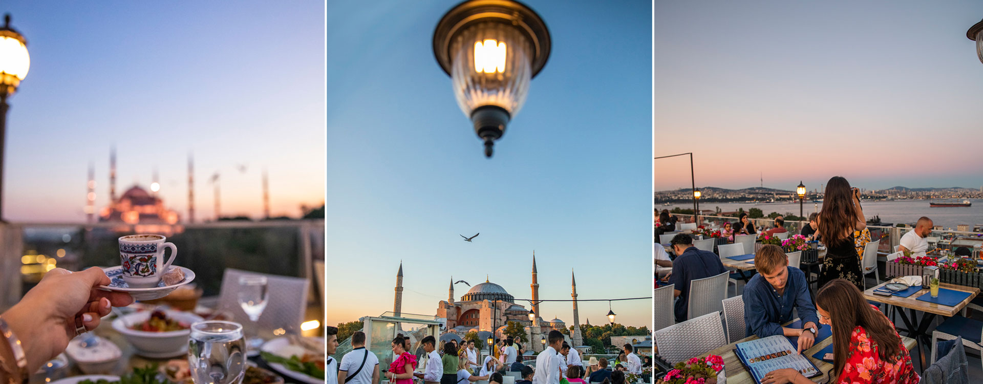 Hagia Sophia terrace restaurant, the best terrace restaurant is Seven Hills Restaurant. Magnificent Hagia Sophia, Blue Moque and Istanbul Bosphorus view restaurant